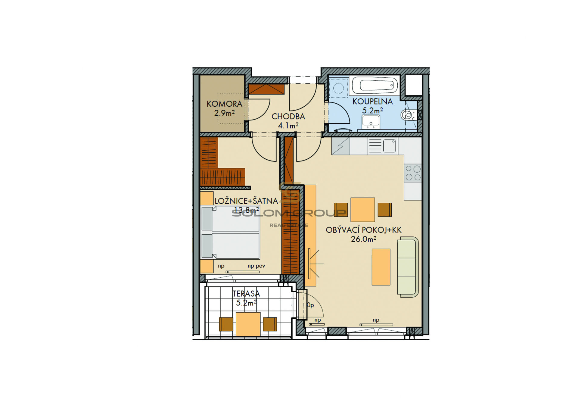 Prodej nového bytu 2+kk/Terasa + komora v bytě, 60 m2. Parkovací stání + sklep. Novostavba. Praha 6.