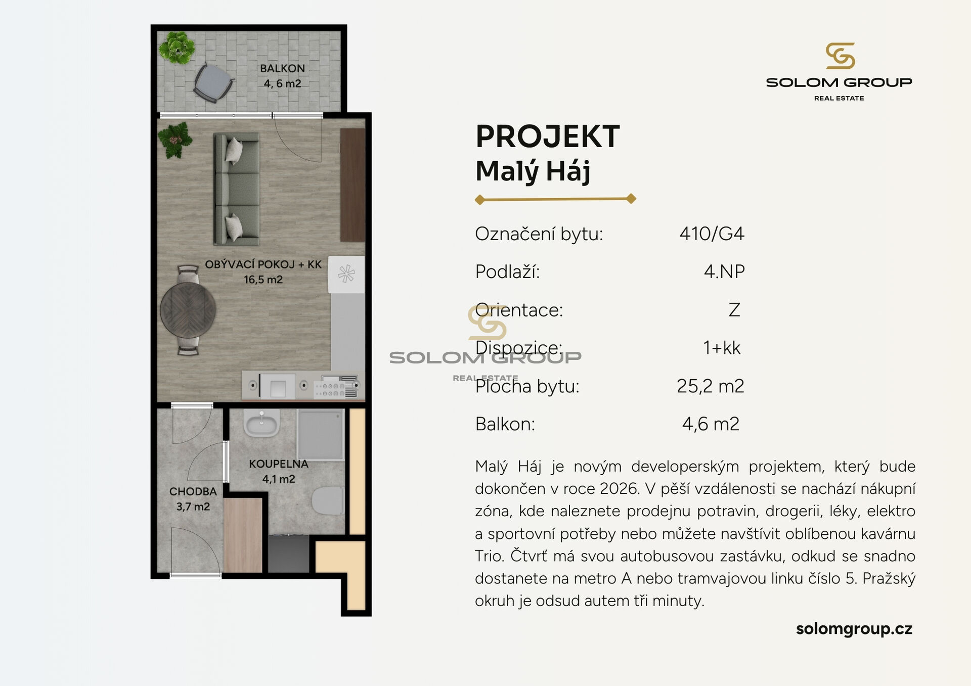 Prodej NOVÉHO bytu 1+kk/Balkon, 30 m² + parkovací stání. Novostavba. Praha 10.