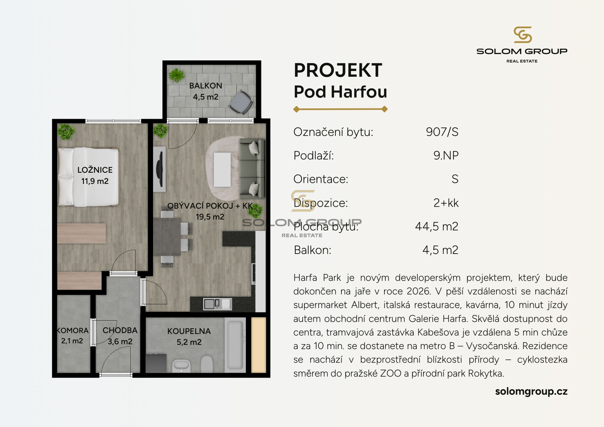 Prodej bytu 2+kk/L, 49 m², DV, Praha 9 - Vysočany, Pod Harfou, novostavba, GS, sklep