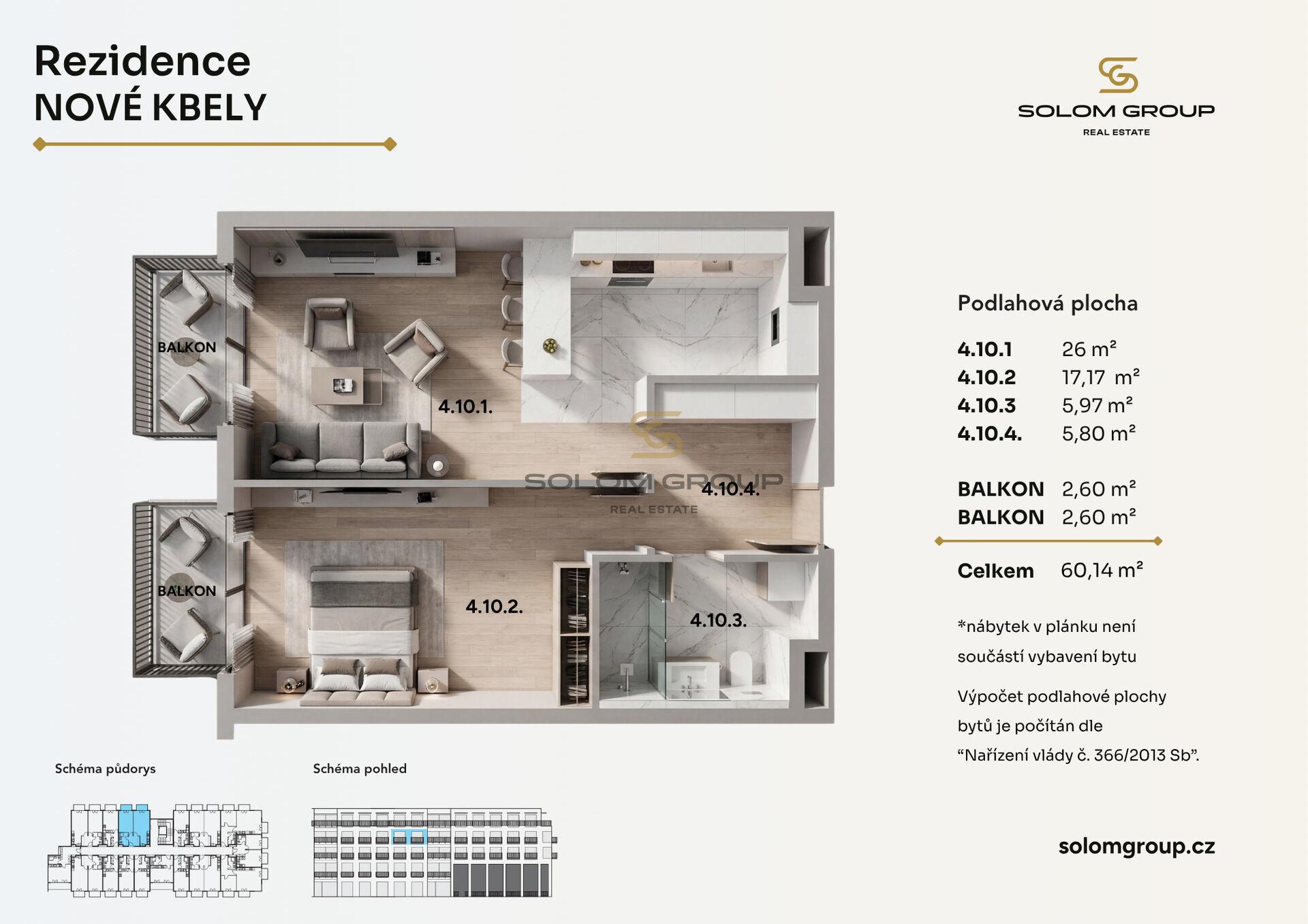 Prodej bytu 2+kk/2xBalkon, 60,14 m², garážové stání, sklep, DV, Praha - Kbely, novostavba