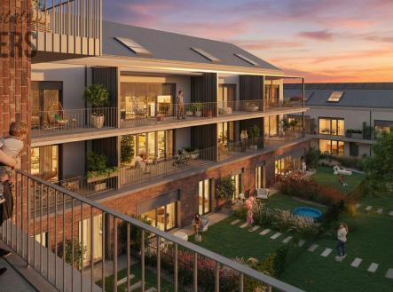 vizualizace vnitroblok západ slunce | Prodej bytu, 1+kk, 33 m²