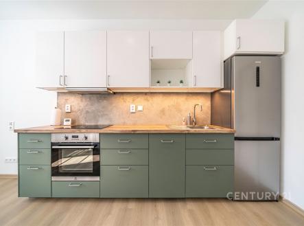 Moderní kuchyň s parketovou podlahou, zelenými skříněmi a nerezovou lednicí, zařízená pro sváteční vaření, zdůrazňuje světlý a funkční design. | Pronájem bytu, 2+1, 57 m²