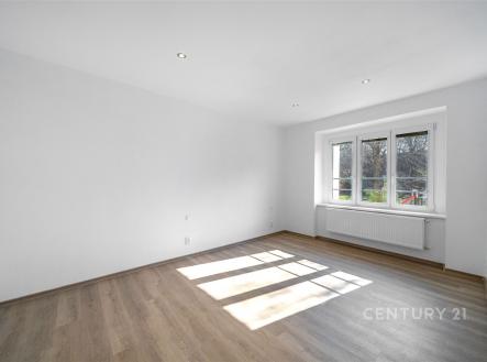 Světlý obývací pokoj s parketovou podlahou a velkými okny, moderní styl, nově rekonstruovaný prostor s výhledem do zahrady. | Pronájem bytu, 2+1, 57 m²
