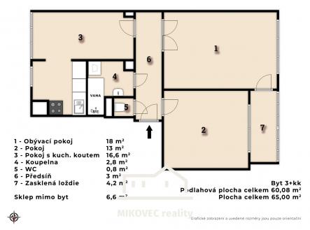 2D pudorys | Prodej bytu, 3+kk, 65 m²