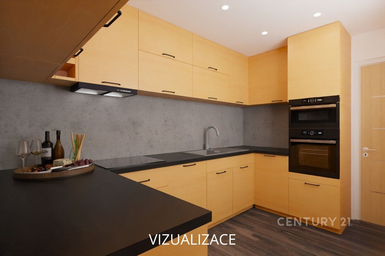 Moderní kuchyň s dřevěnými skříňkami, šedou pracovní deskou a vestavěnými spotřebiči, moderní osvětlení vytváří světlý a elegantní prostor.