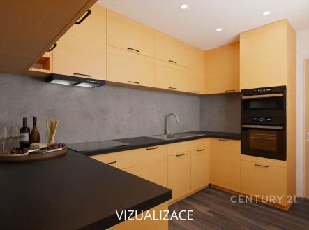 Moderní kuchyň s dřevěnými skříňkami, šedou pracovní deskou a vestavěnými spotřebiči, moderní osvětlení vytváří světlý a elegantní prostor. | Pronájem bytu, 3+1, 80 m²