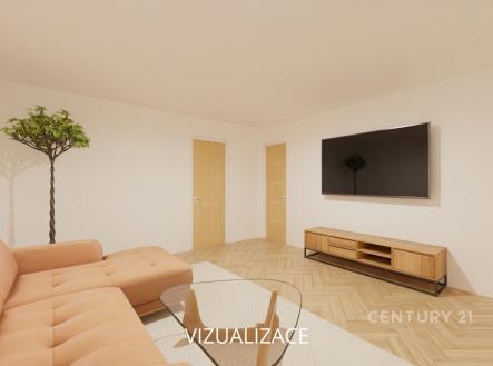 Světlý obývací pokoj s parketovou podlahou, moderní sedací soupravou a velkou obrazovkou. Stylová dřevěná komoda dodává prostoru eleganci. | Pronájem bytu, 3+1, 80 m²