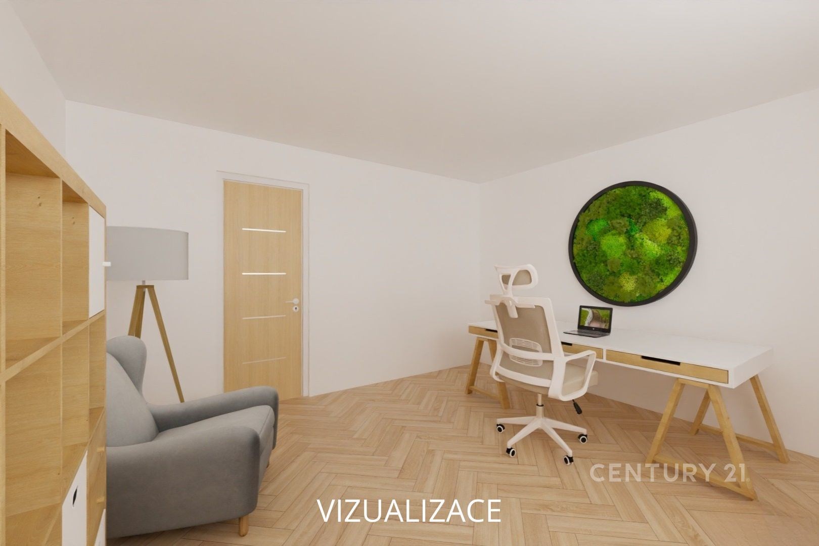 Domácí kancelář s parketovou podlahou, moderní nábytek, velké zelené dekorativní umění na stěně, světlá atmosféra pro práci