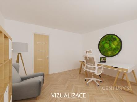 Domácí kancelář s parketovou podlahou, moderní nábytek, velké zelené dekorativní umění na stěně, světlá atmosféra pro práci | Pronájem bytu, 3+1, 80 m²