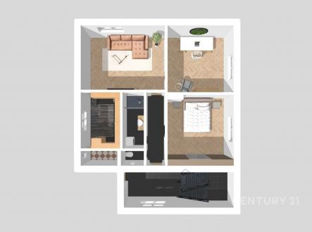 Bytový půdorys s moderním obývacím pokojem, parketovou podlahou a velkými okny; vedle prostorná ložnice a stylová kuchyň. | Pronájem bytu, 3+1, 80 m²