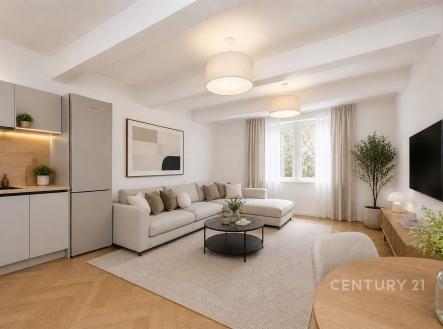 Světlý obývací pokoj s moderní kuchyní, parketová podlaha, velká okna, elegantní vybavení, příjemná atmosféra, nově rekonstruovaný prostor. | Prodej bytu, 2+kk, 47 m²