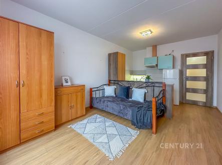 Kompaktní obývací pokoj s parketovou podlahou, vestavěnými skříněmi a moderním nábytkem, vedle otevřená kuchyň s lednicí. | Pronájem bytu, 1+kk, 27 m²