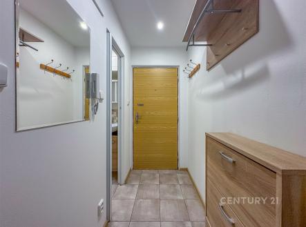Vstupní hala s dlažbou, vestavěné skříně a moderní dřevěné dveře, nabízí příjemné úložné prostory a elegantní design. | Pronájem bytu, 1+kk, 27 m²