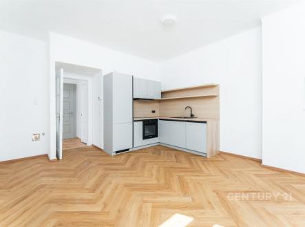 Světlá kuchyň s moderními spotřebiči, světlá parketová podlaha a minimalistický design, prostorný a vzdušný interiér. | Prodej bytu, 3+kk, 75 m²