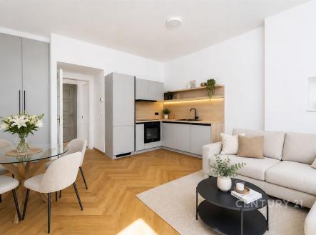 Světlý obývací pokoj s moderní kuchyní, parketová podlaha, velká okna, elegantní nábytek, světlý design, útulná atmosféra. | Prodej bytu, 3+kk, 75 m²