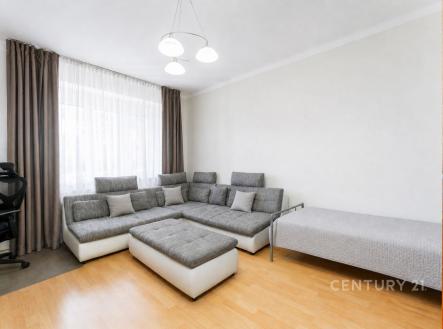 Světlý obývací pokoj s parketovou podlahou, moderní šedá sedací souprava, velká okna s bílými závěsy, minimalistický styl interiéru. | Prodej bytu, 3+1, 73 m²