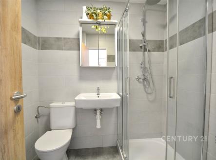 Moderní koupelna s dlažbou, sprchový kout a zrcadlová skříňka, světlé obklady, elegantní design. | Pronájem bytu, 1+1, 33 m²