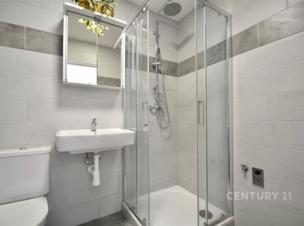 Moderní koupelna s dlažbou a sprchovým koutem, světlé obklady a závěsné umyvadlo, čistý a renovovaný styl. | Pronájem bytu, 1+1, 33 m²