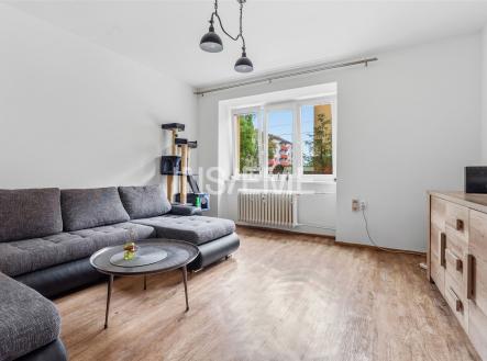 Moderní obývací pokoj s parketovou podlahou, velkým oknem a rohovou sedačkou, světlý interiér dodává prostoru vzdušnost a útulnost. | Pronájem bytu, 2+1, 60 m²