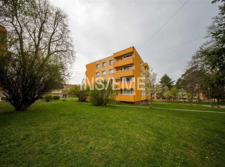 Čtyřpodlažní bytový dům s barevnou fasádou obklopený zelení, v tiché a klidné lokalitě, s udržovaným trávníkem a blízkostí stromů. | Prodej bytu, 3+1, 73 m²