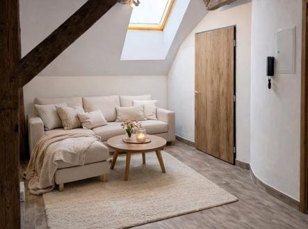 Vizualizace obývací pokoj | Prodej bytu, 1+kk, 56 m²