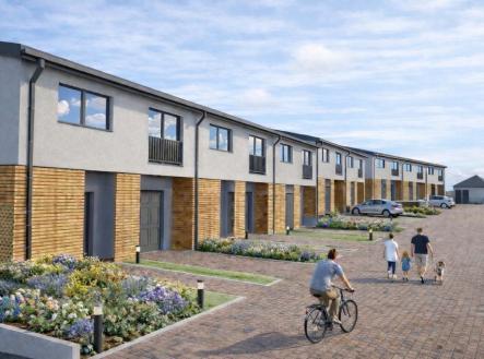 Řadový rodinný dům s moderním designem, dřevěné obložení a velká okna, klidná lokalita a parkování před domem. | Prodej - dům/vila, 130 m²