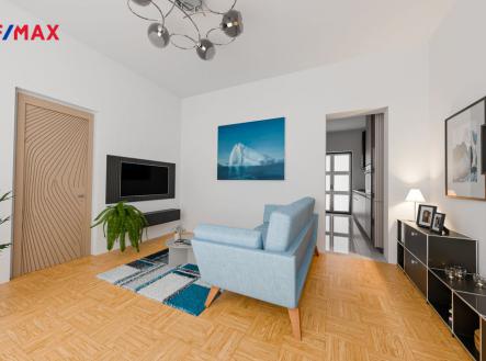 Obývací pokoj (za ním kuchyň) v přízemí - vizualizace | Prodej - dům/vila, 95 m²