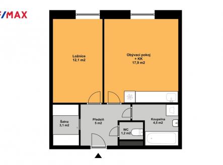 Plánek bytu | Pronájem bytu, 2+kk, 44 m²