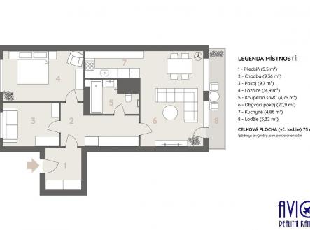 2D pudorys bytu 3+kk.jpg | Prodej bytu, 3+kk, 75 m²