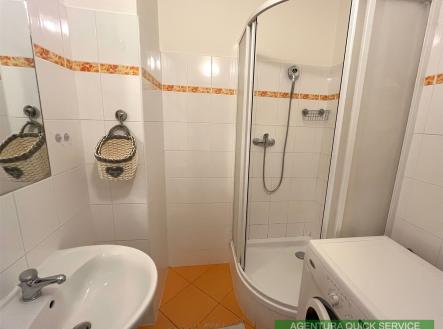 Kompaktní koupelna s moderním sprchovým koutem, dlažba v teplém odstínu, moderní obklady a umyvadlo, ideální pro rekonstrukci. | Pronájem bytu, 1+kk, 33 m²