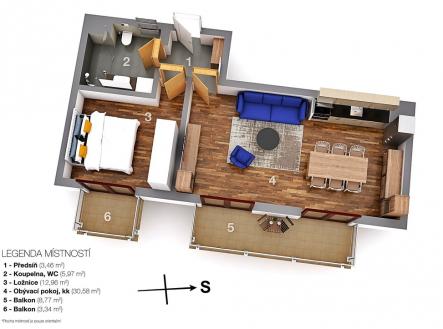 Zařízený byt 2+kk, dva balkony, garážové stání - Praha 6, Dejvice (Podbaba) - Heinemannova - půdorys | Pronájem bytu, 2+kk, 65 m²