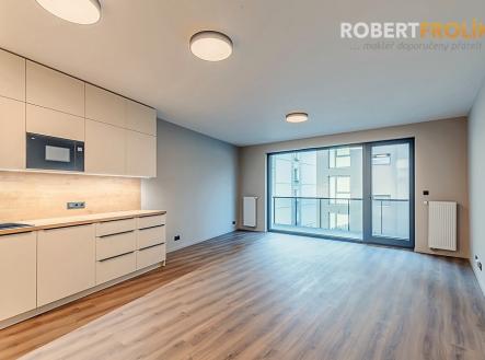 Nezařízený byt 3+kk s balkonem a garážovým stáním - Praha 5, Košíře - ul. Starokošířská - projekt Starokošířská Avenue - obývák s kuchyňským koutem | Pronájem bytu, 3+kk, 82 m²