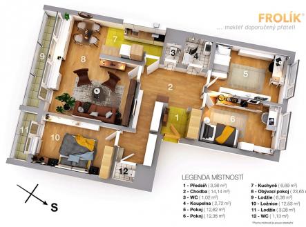 Zařízený byt 4+kk, dvě lodžie - Praha 6, Ruzyně - ul. Dědinská - půdorys | Pronájem bytu, 4+kk, 99 m²
