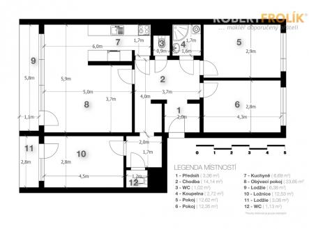 Zařízený byt 4+kk, dvě lodžie - Praha 6, Ruzyně - ul. Dědinská - půdorys | Pronájem bytu, 4+kk, 99 m²