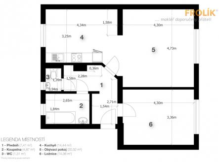 velký byt 2+1 - Praha 9, Čakovice - U Párníků - půdorys | Pronájem bytu, 2+1, 61 m²