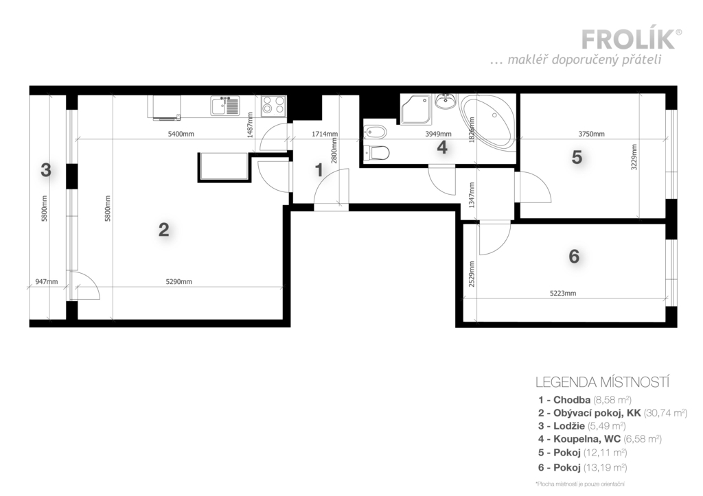 Částečně zrekonstruovaný byt 3+kk s lodžií - Praha 6, Řepy - Nevanova - půdorys