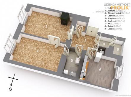 Velký byt 2+1 s lodžií - Praha 6, Dejvice - Svatovítská - 3D půdorys | Pronájem bytu, 2+1, 75 m²
