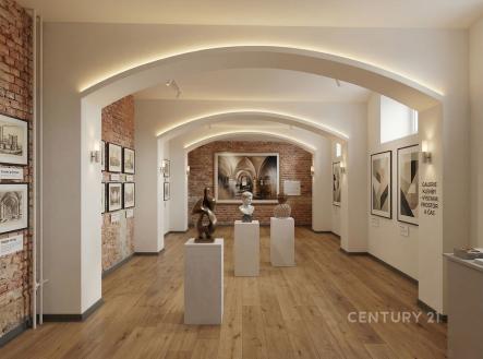 Výstavní prostor s dřevěnou podlahou, cihlovými zdmi a moderním osvětlením. Nabízí velká okna pro přirozené světlo a elegantní klenuté stropy. | Prodej - kanceláře, 79 m²
