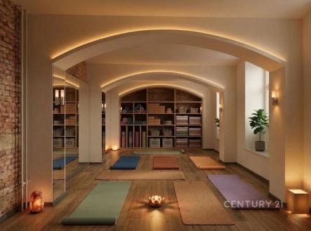 Jógové studio s dřevěnou podlahou, velkými okny a moderním osvětlením nabízí útulný prostor pro relaxaci a cvičení. | Prodej - kanceláře, 79 m²