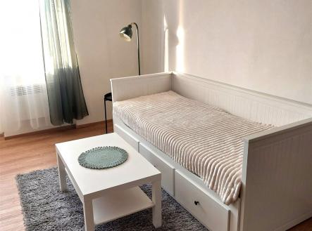 Světlý obývací pokoj s parketovou podlahou, velkými okny a moderním nábytkem. | Pronájem bytu, 1+kk, 30 m²