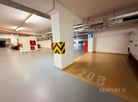 Podzemní garážové stání s označením 208 v moderní budově, s hladkými betonovými povrchy a dobrou osvětleností, ideální pro bezpečné parkování. | Pronájem bytu, 2+kk, 43 m²