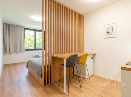 Kompaktní studio s parketovou podlahou a dřevěnou příčkou, moderně zařízené s velkým oknem a světlým interiérem. | Prodej bytu, 1+kk, 32 m²