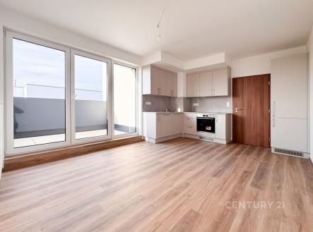 Prostorný obývací pokoj s moderní kuchyní, parketová podlaha, velká okna, světlý design, vestavěné skříně, novostavba. | Pronájem bytu, 2+kk, 44 m²