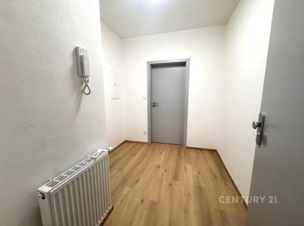Vstupní hala s parketovou podlahou a světlými stěnami, moderní intercom a bílý radiátor přispívají k elegantnímu designu. | Pronájem bytu, 1+kk, 39 m²
