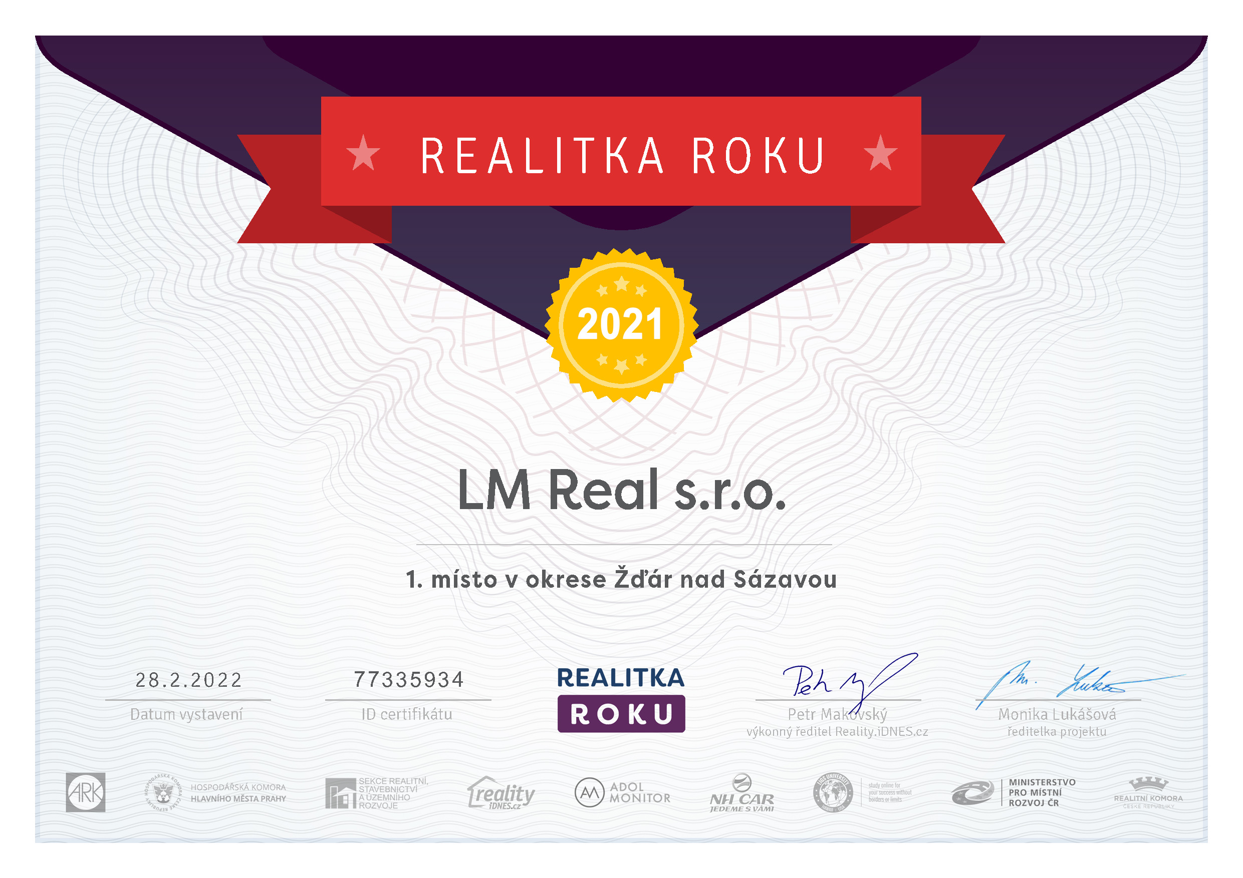 Certifikát Realitka roku 2021, 1. místo 