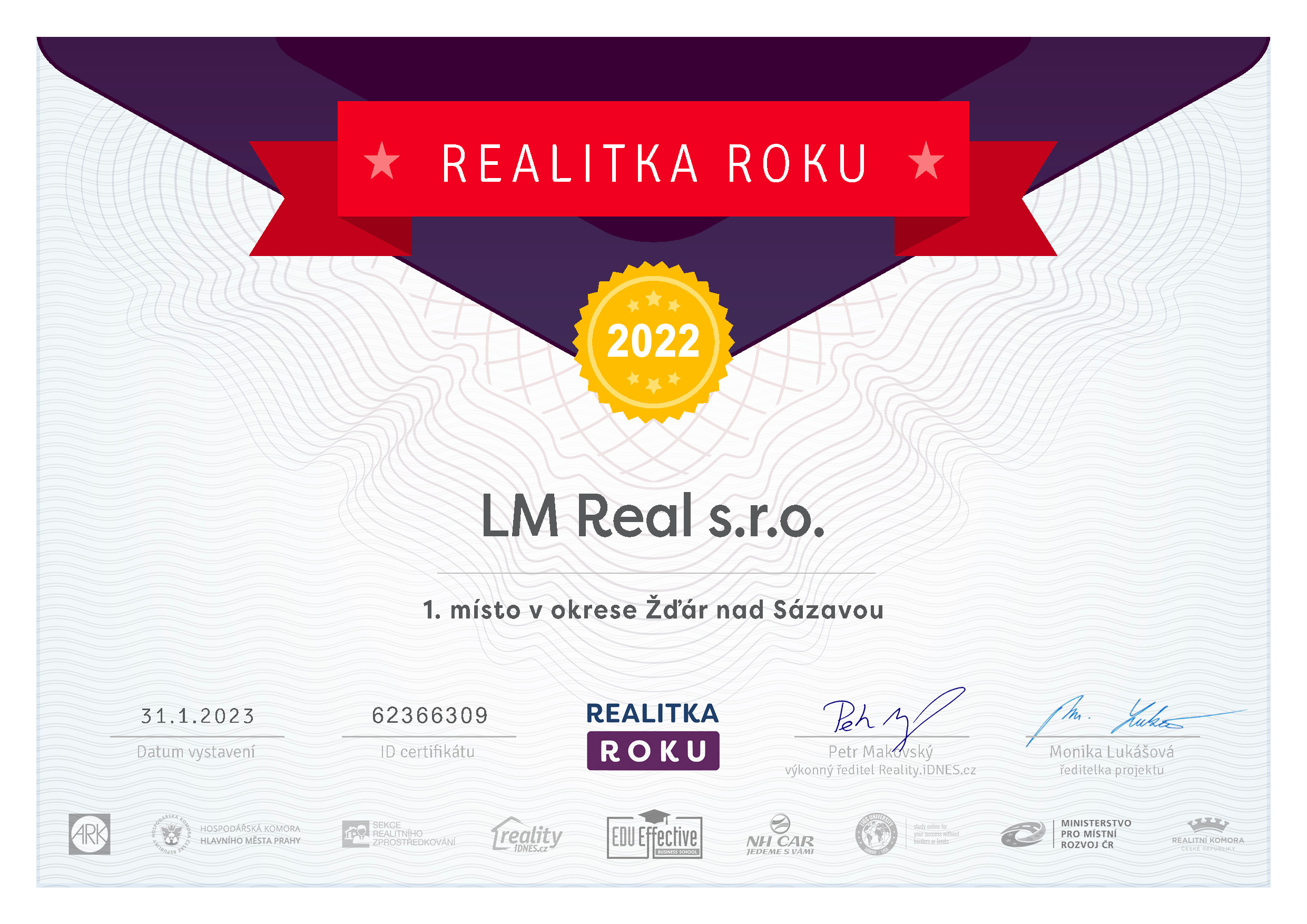 Certifikát Realitka roku 2022, 1. místo