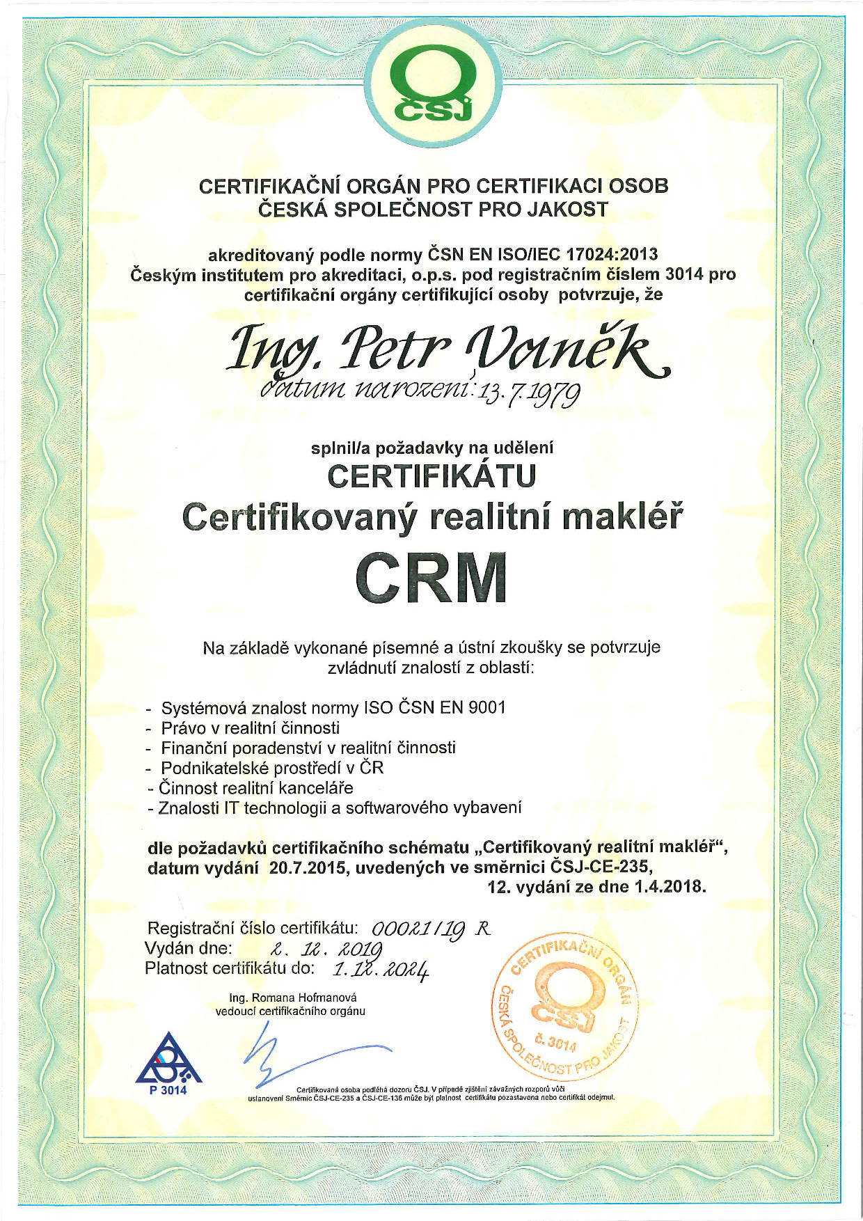 Certifikát realitního makléře ISO 