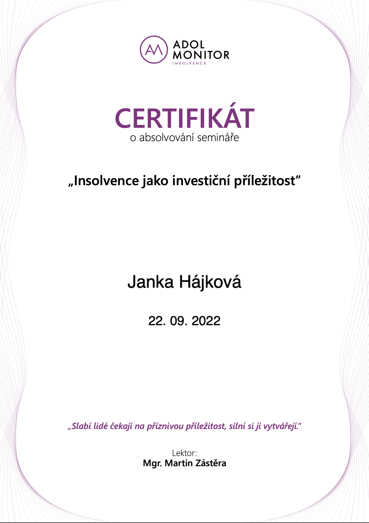 Certifikát - Insolvence