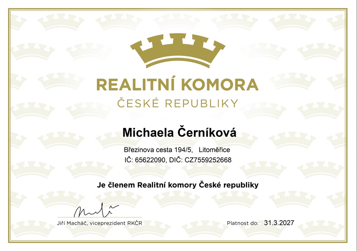 Michaela Černíková realitní makléř certifikát komora ČR