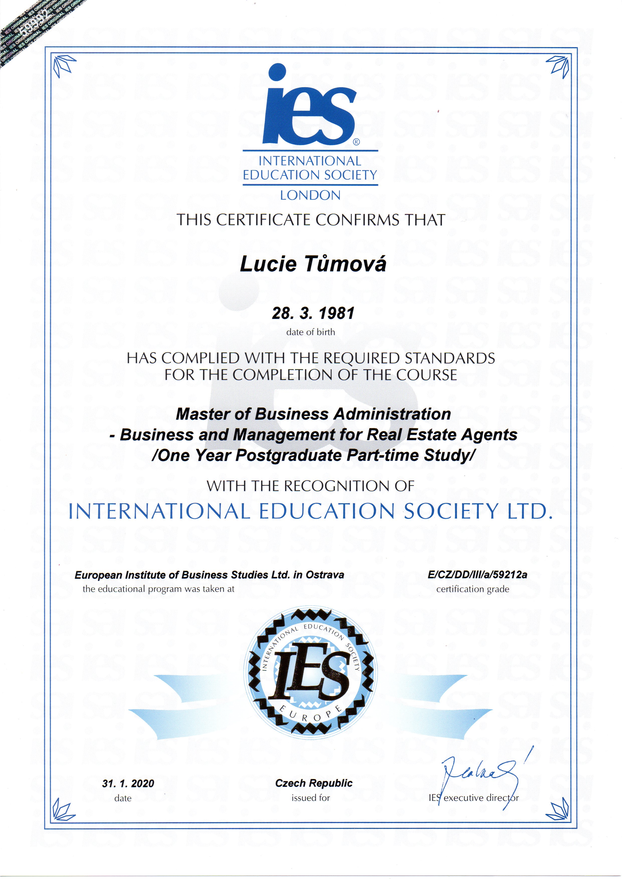 MBA for Real Estate Agents - certifikace IES